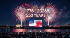 Independence Day 2026 fireworks over an American flag marking America's 250th anniversary